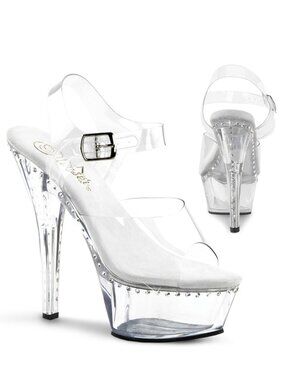 Pleaser Kiss 208LS Clear Platform Heels Sandals with Rhinestones